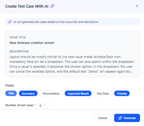 Create Test Case With AI modal — issue context auto-loaded, configurable fields, count selector