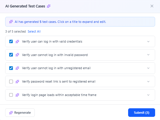 AI generated test cases result